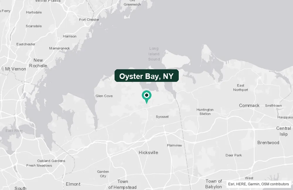 Map of Oyster Bay, New York and the surrounding Nassau County area service area